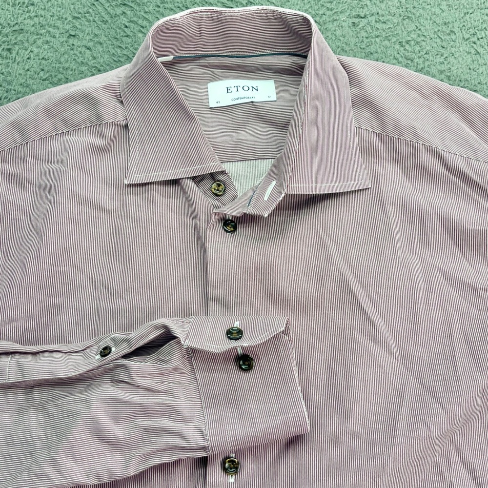 ETON Contemporary Men Striped Dress Shirt Burgundy White Size 17 43